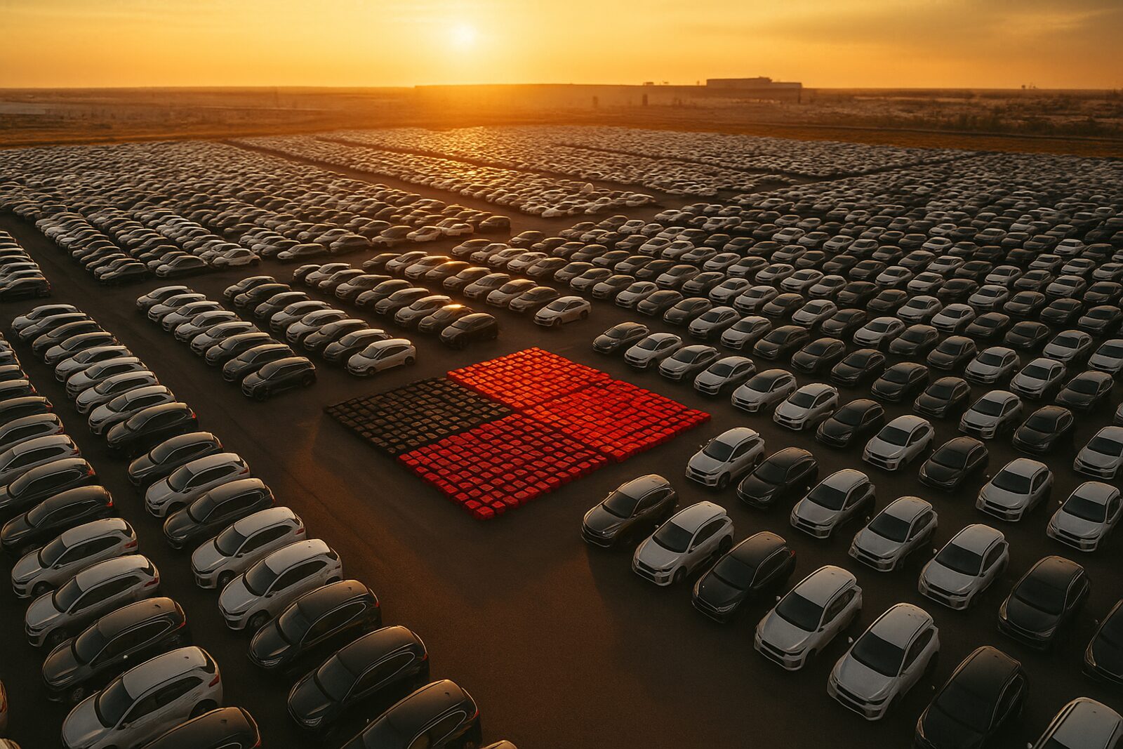 Vista aérea de la campa de 2T2 al atardecer con cientos de vehículos y el logo formado con coches