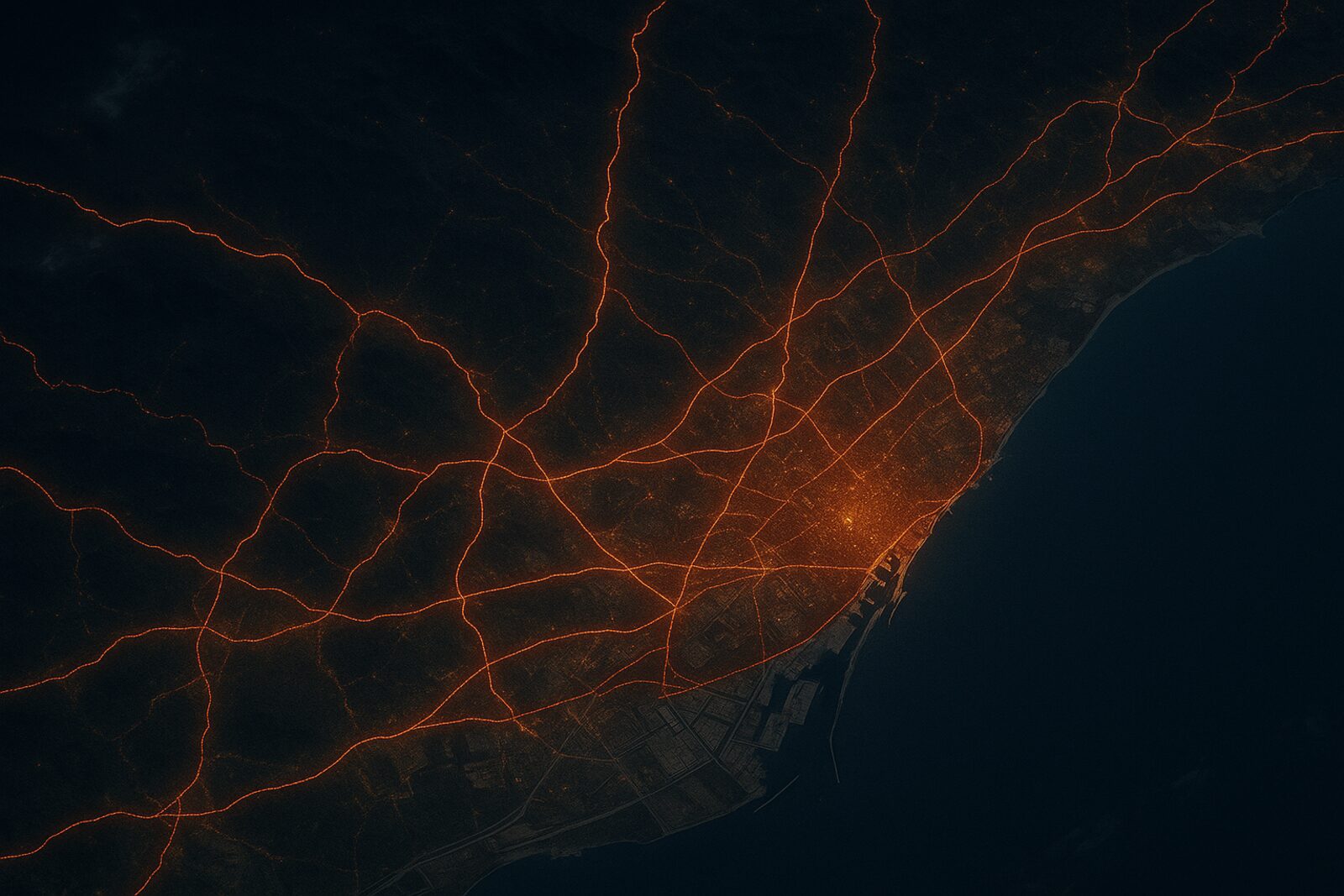 Vista aérea nocturna del área metropolitana de Barcelona con las rutas de transporte iluminadas