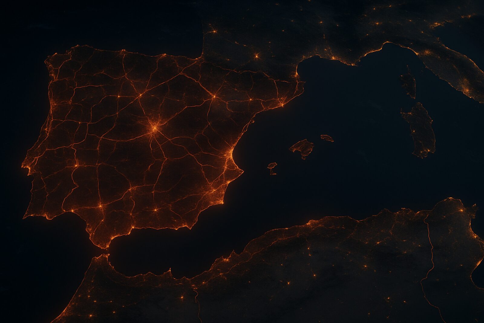Mapa nocturno de la Península Ibérica e Islas Baleares con la red de carreteras iluminada