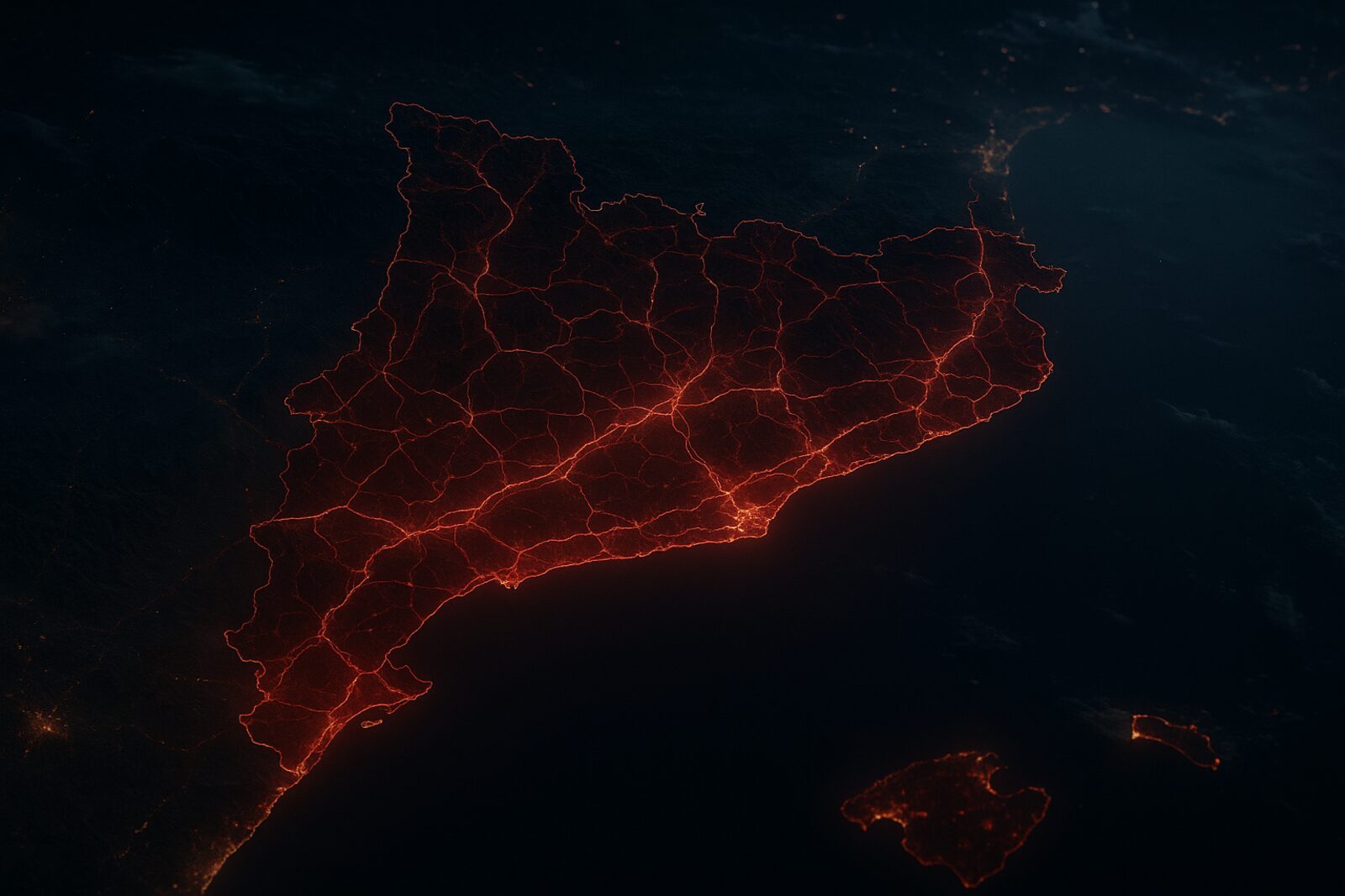 Mapa nocturno de Cataluña con la red de carreteras iluminada en rojo